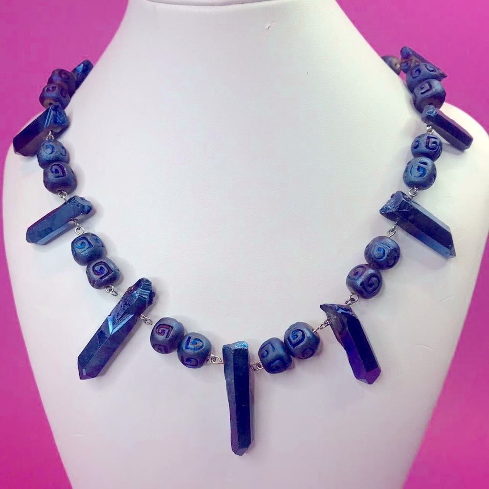 Runes Quartz Crystal Electroplated w/Clay Irridescent Blue Necklace/Earrings set